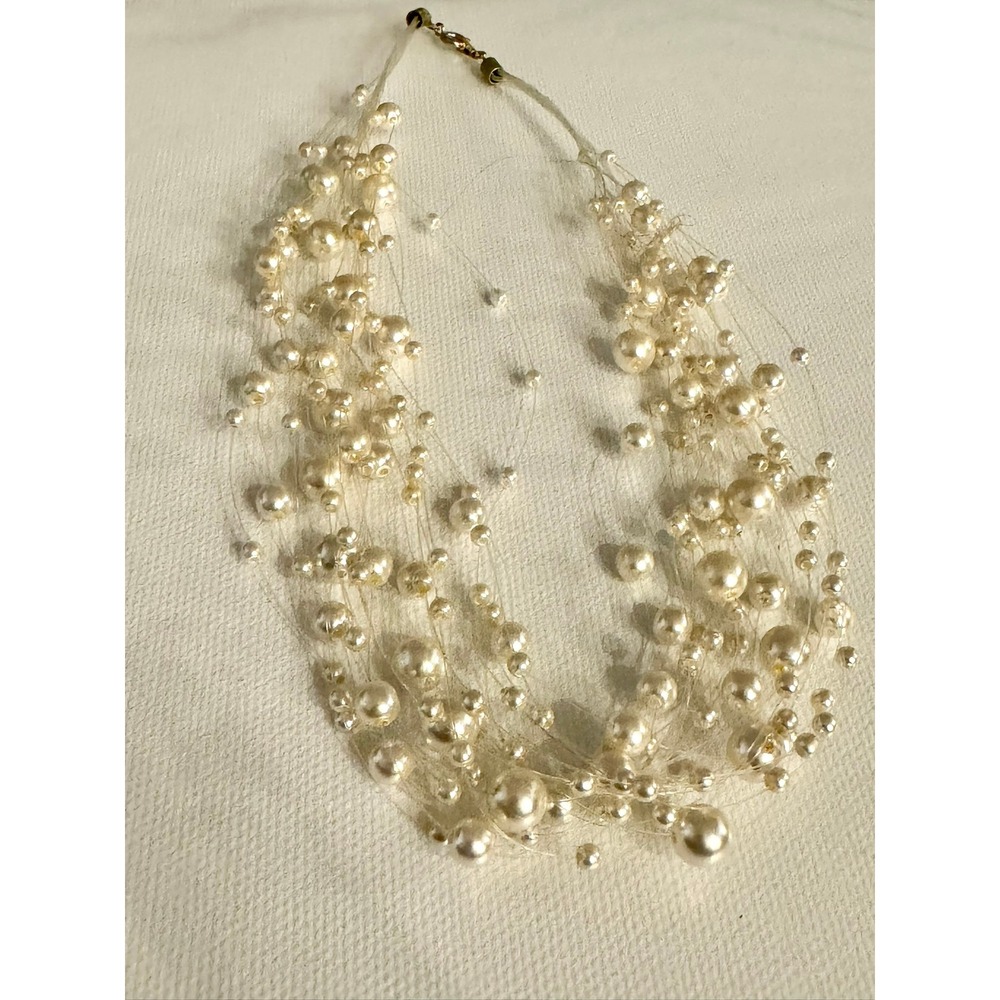 Vintage Multi Strand Faux Pearl Illusion Floating Necklace Gold Tone Clasp Cream